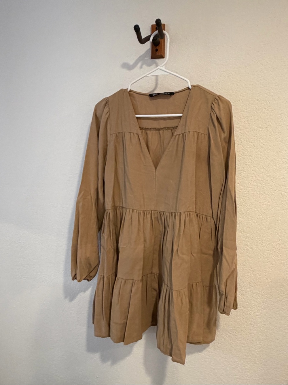 Zara Camel Tiered Long-Sleeve V-Neck Dress